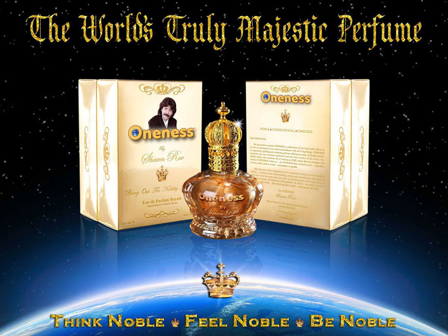 Oneness Perfume Poster, The World's Truly Majestic Perfume, Think Noble, Feel Noble, Be Noble. Image includes product box front and back plus perfume bottle image